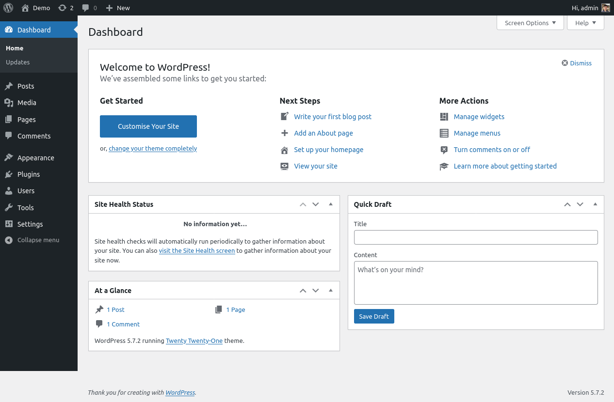 Screenshot of the WordPress dashboard after a clean install