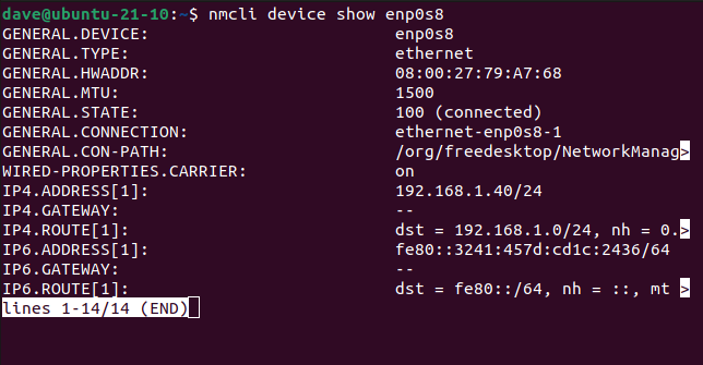 nmcli device show enp0s8 in a terminal window