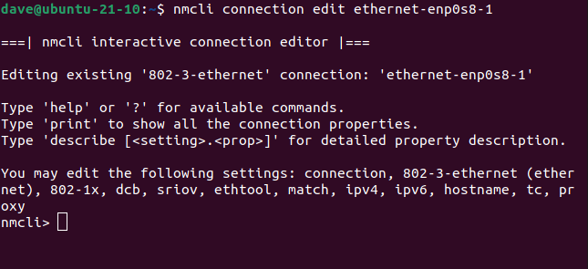 nmcli connection edit ethernet-enp0s8-1 in a terminal window