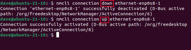 nmcli connection down ethernet-enp0s8-1 in a terminal window