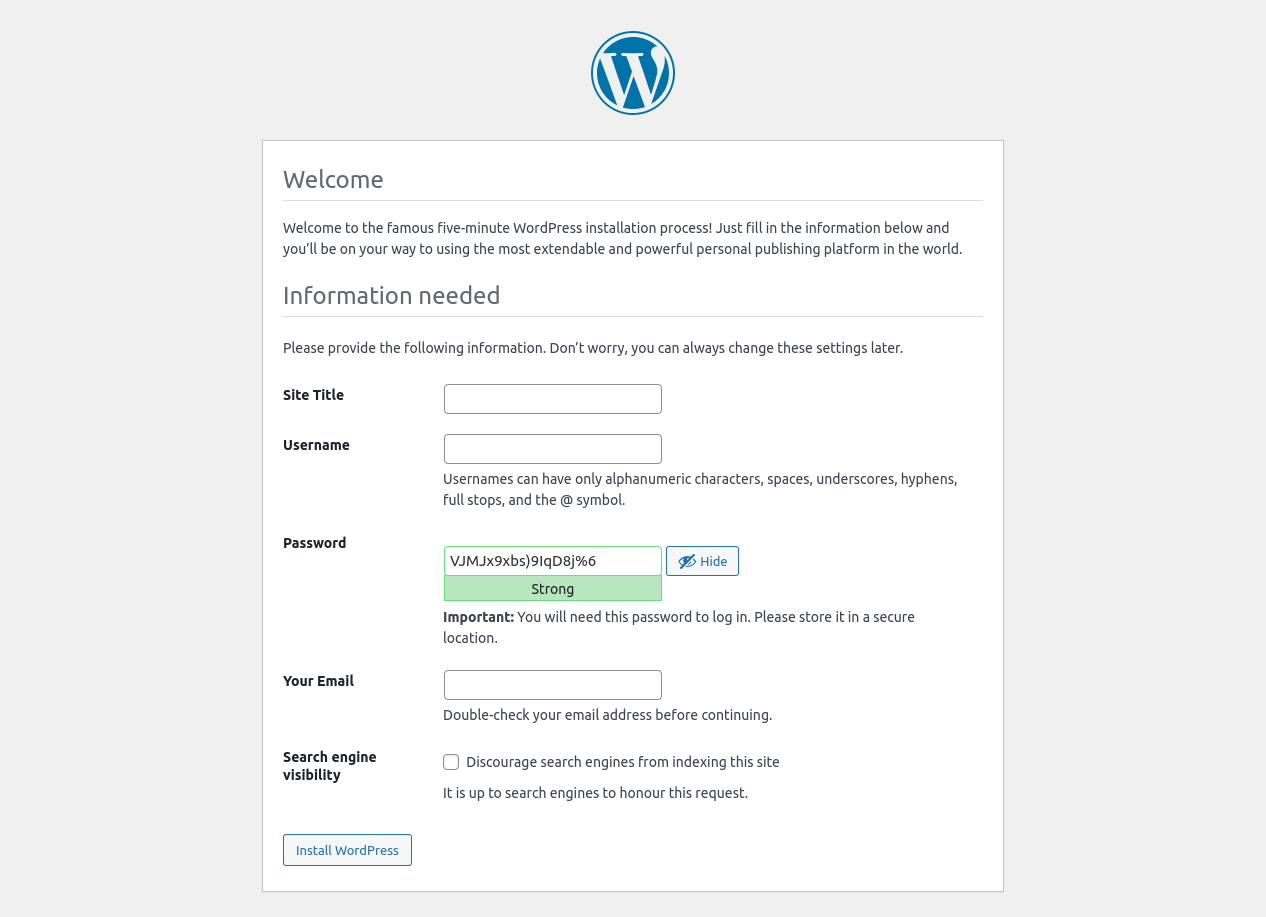 Screenshot of the WordPress setup wizard