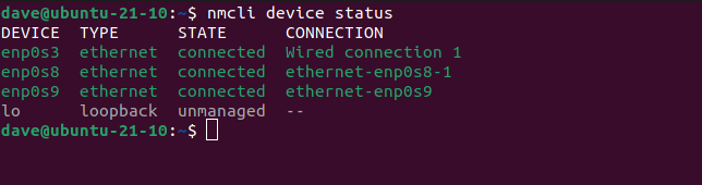 nmcli device status in a terminal window