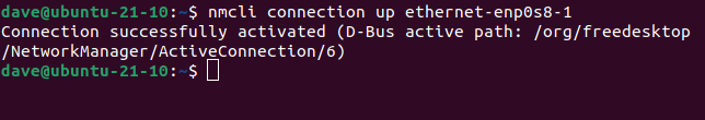 nmcli connection up ethernet-enp0s8-1 in a terminal window