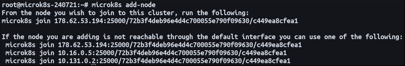 Screenshot of adding a node to a MicroK8s cluster