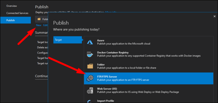 Select FTPS Server, though you can publish to Azure, Docker, a local folder, or IIS web deploy if those work better for you.