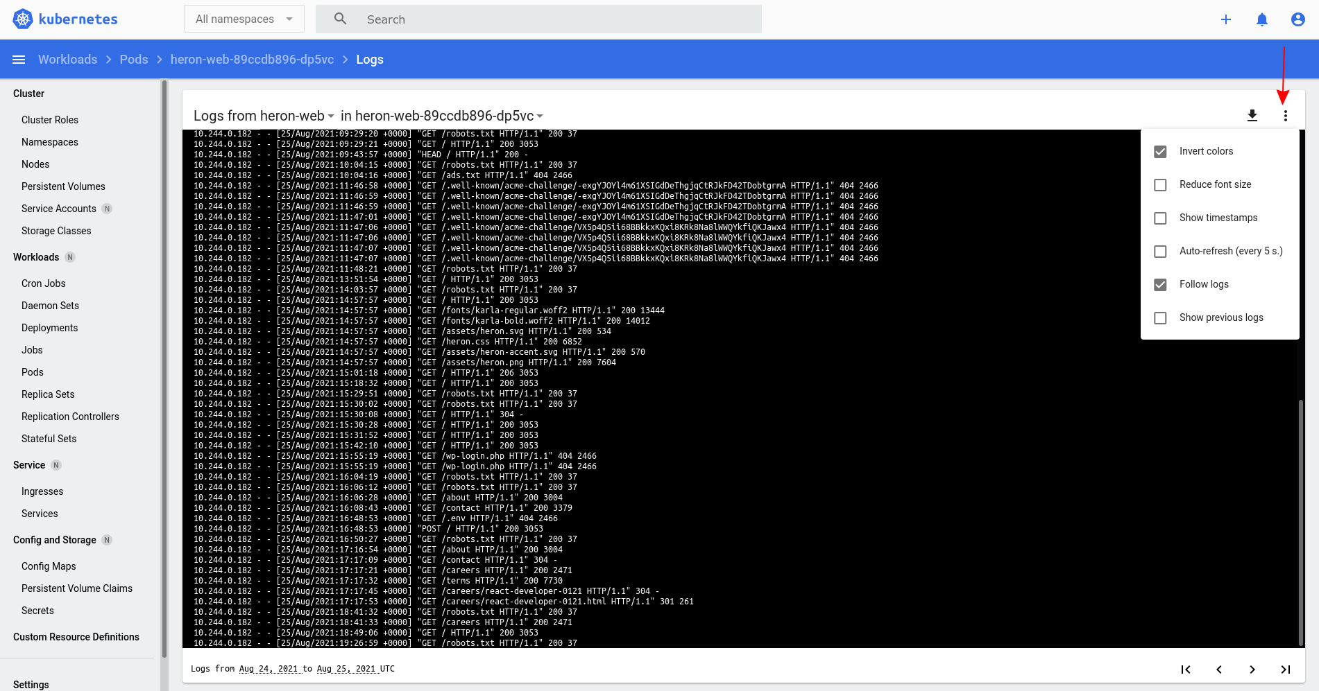 Screenshot of Kubernetes dashboard log viewer