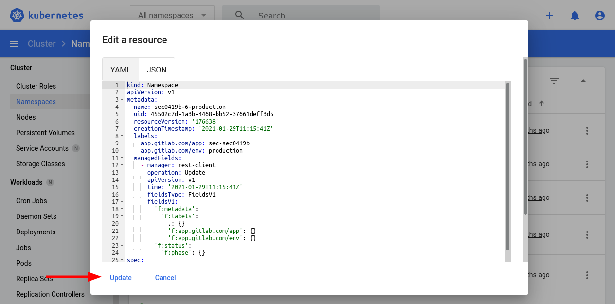 Screenshot of editing a resource in the Kubernetes dashboard