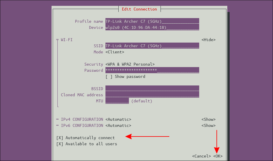 Screenshot of the nmtui network editing screen