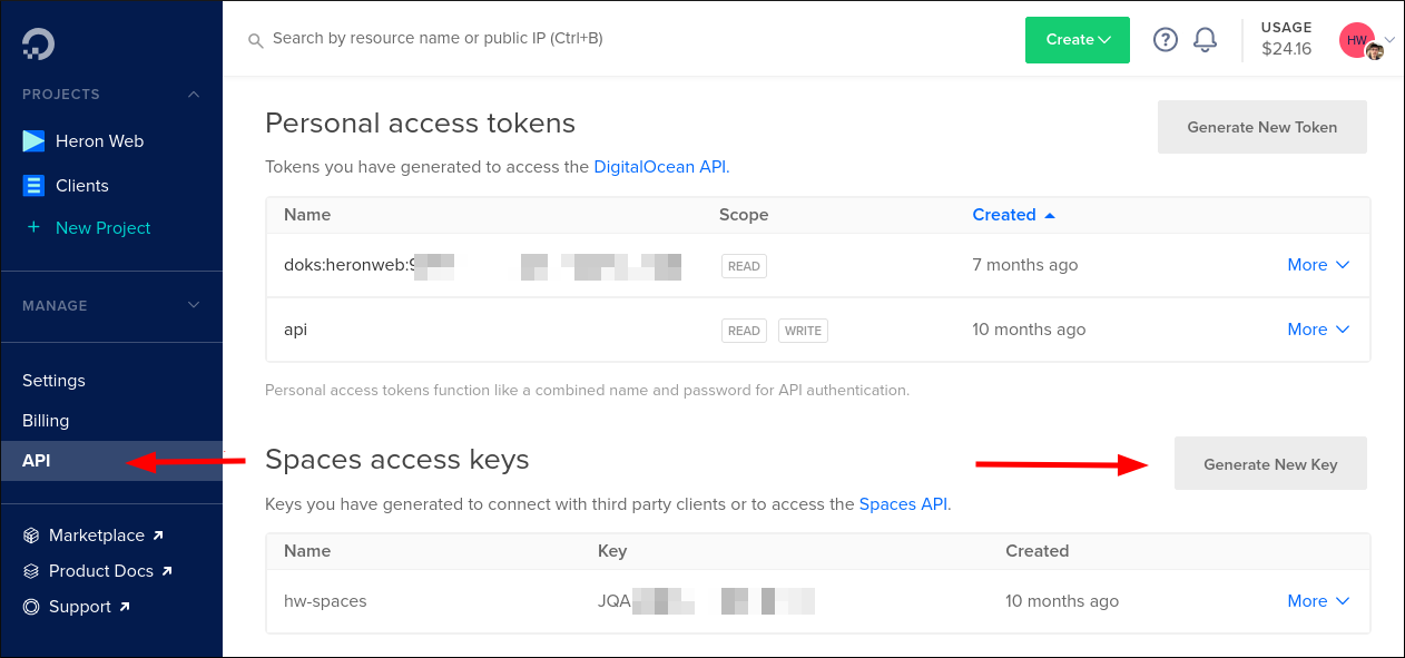 Screenshot of generating a DigitalOcean Spaces access token