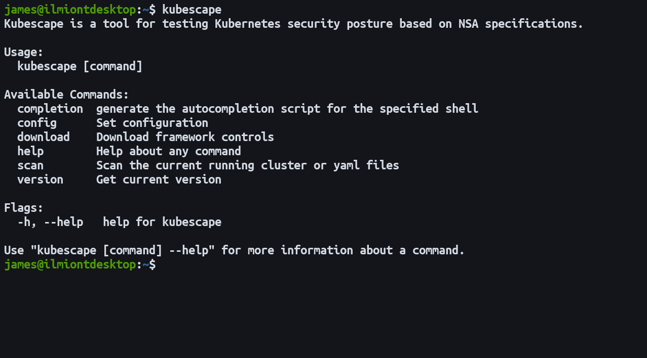 Screenshot of running the Kubescape command without any arguments