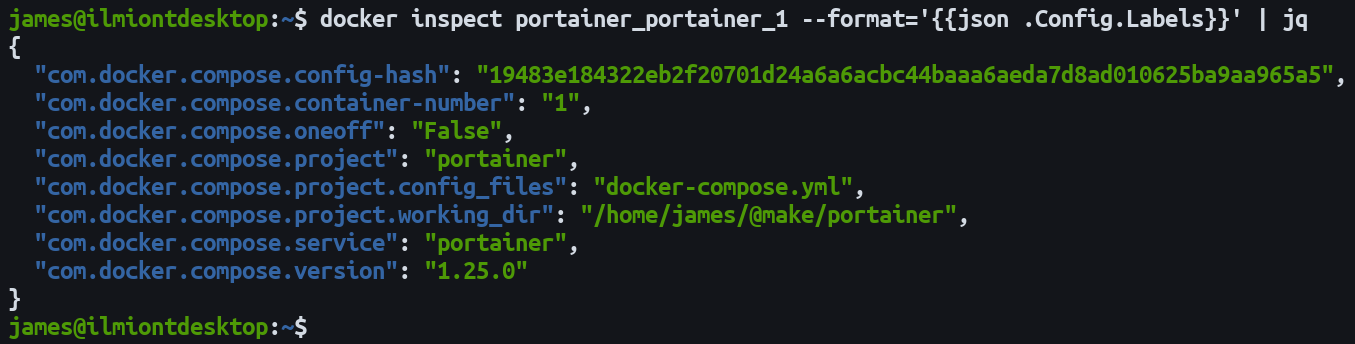 Screenshot of inspecting Docker labels with jq
