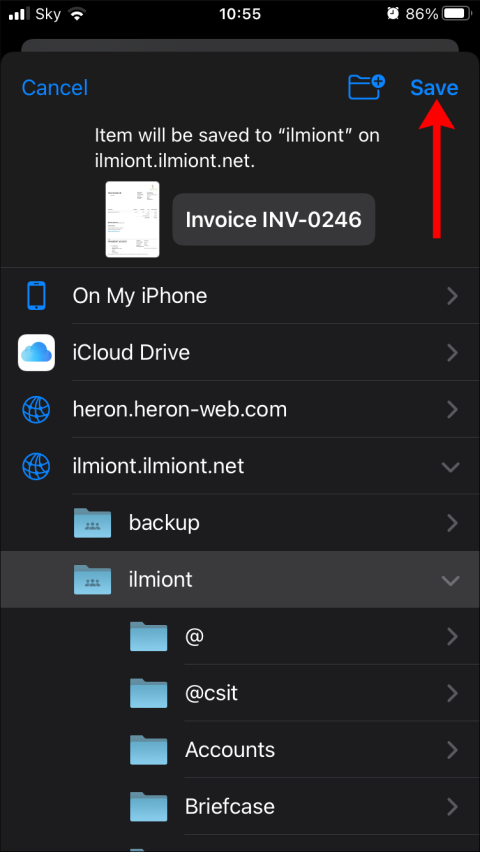 Screenshot of saving a file to a network share in iOS