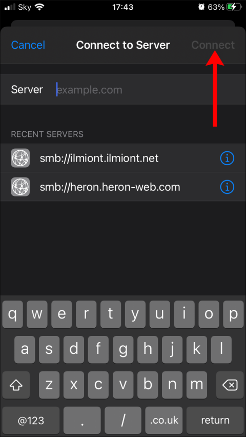 Screenshot of connecting to a network server in the iOS Files app