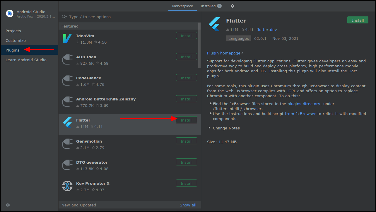 Screenshot of adding the Flutter plugin to Android Studio