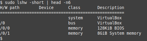 lshw output in short format (using the -short option) also showing device classes, fist 6 lines of output