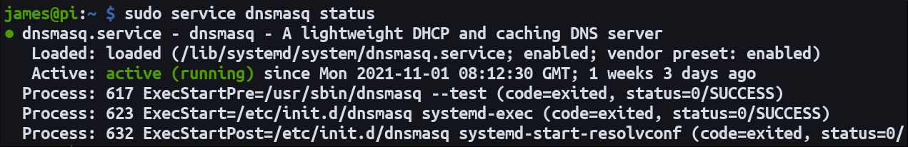 Screenshot of running "service dnsmasq status" on a live server