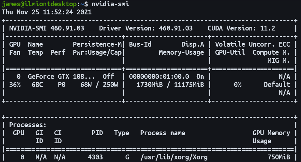 Screenshot of running nvidia-smi