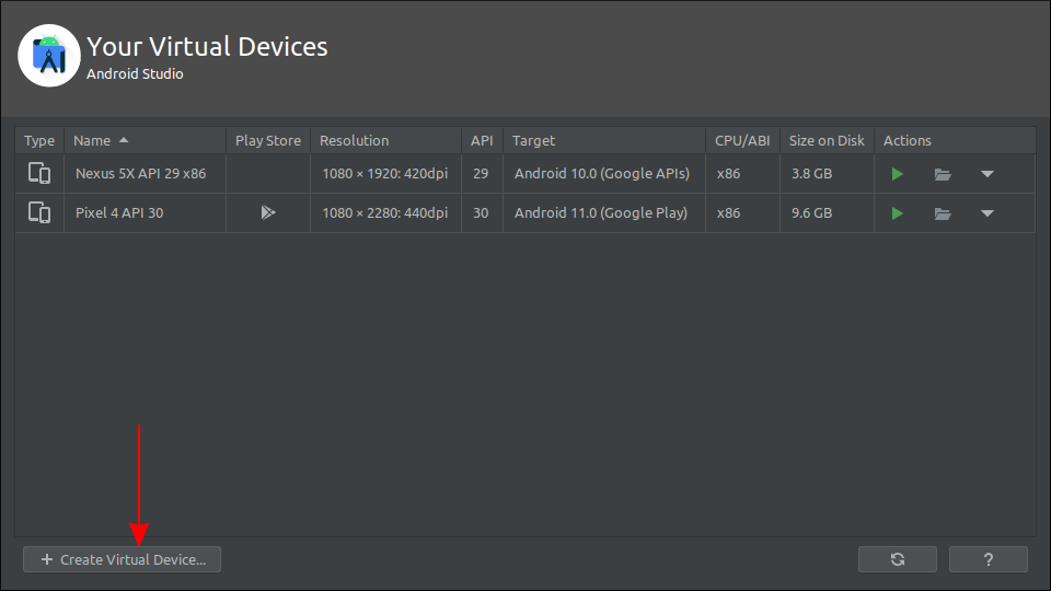 Screenshot of creating an Android emulator device