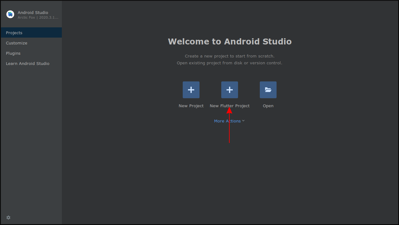 Screenshot of the Android Studio launch page