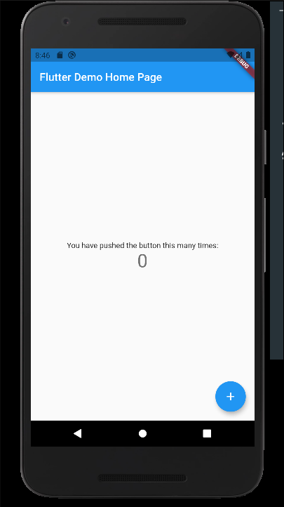 Screenshot of the default Flutter project running in the Android emulator