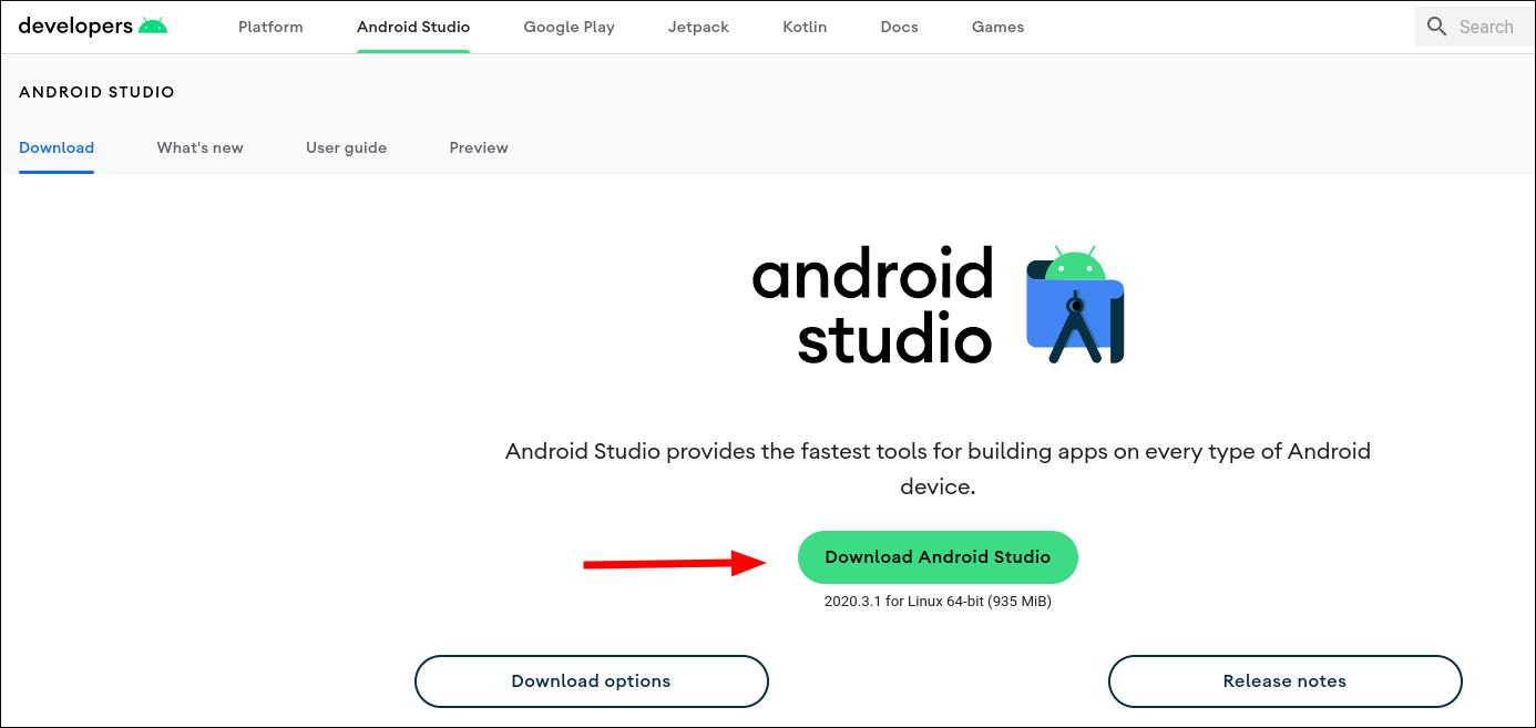 Screenshot of the Android Studio download page