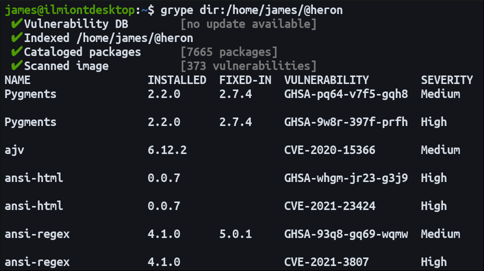 Screnshot of a Grype filesystem scan
