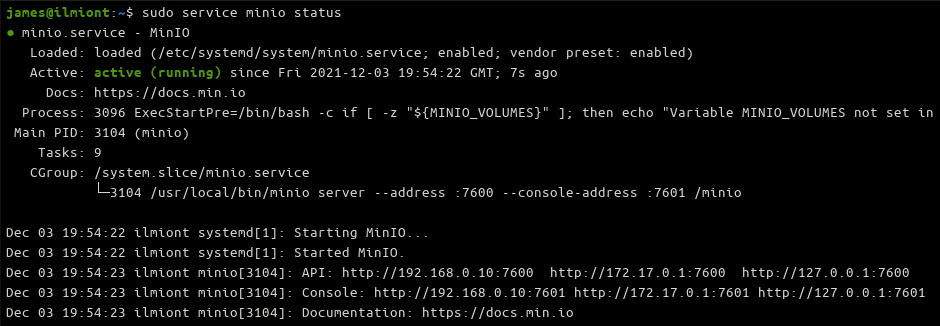 Screenshot of starting the Minio service
