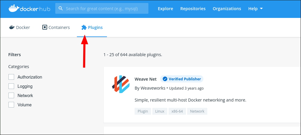 Screenshot of browsing plugins on Docker Hub