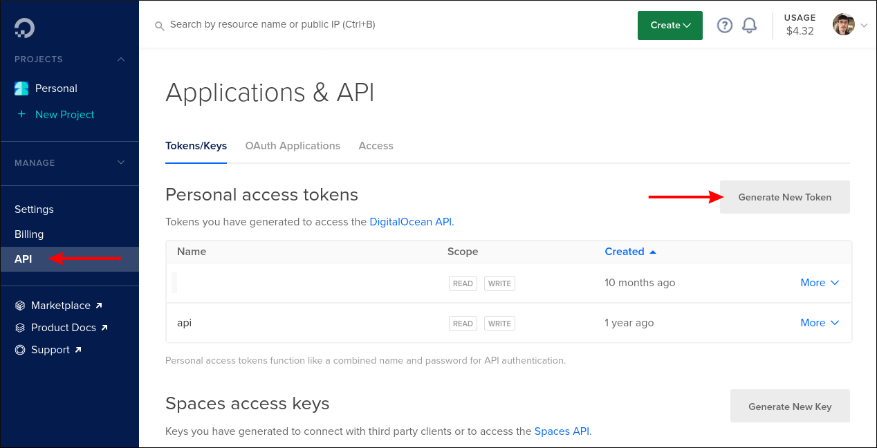 Screenshot of creating a DigitalOcean API token
