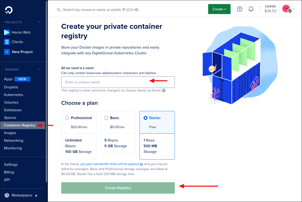 Screenshot of creating a DigitalOcean container registry