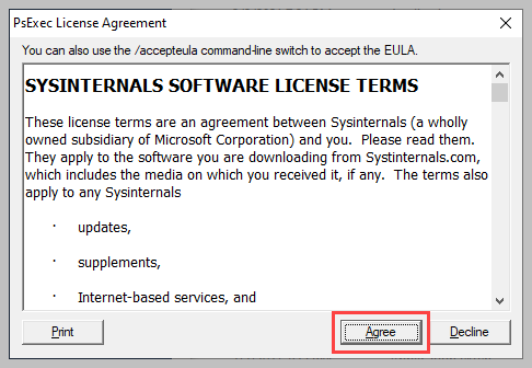 Accept the PsExec license agreement