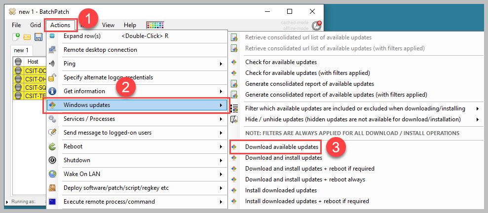 In the menu bar, click Actions &gt; Windows updates &gt; Download available updates 