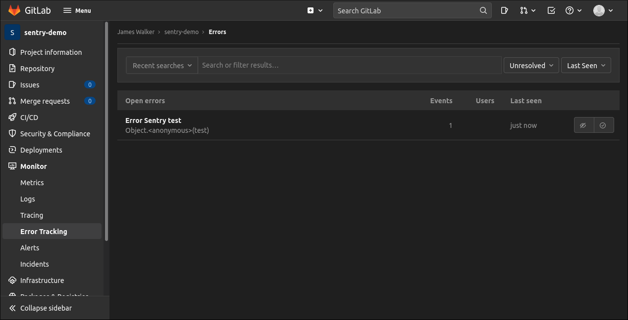Screenshot of error reports screen in GitLab
