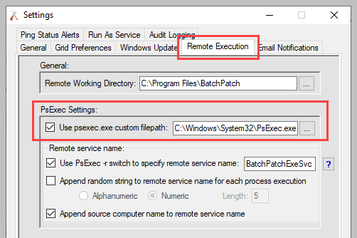 BatchPatch setting where PsExec is identified.