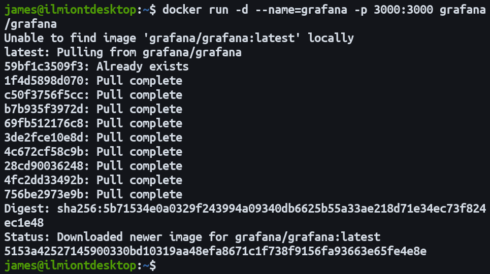 Screenshot of starting a Grafana Docker container