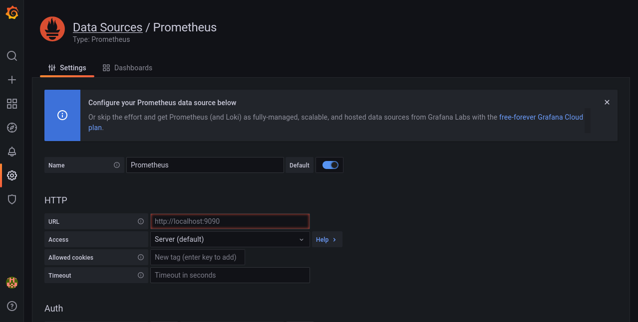 Screenshot of adding a Prometheus data source to Grafana