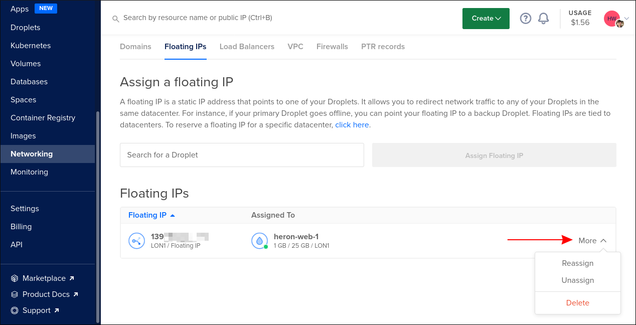 Screenshot of reassigning a DigitalOcean floating IP