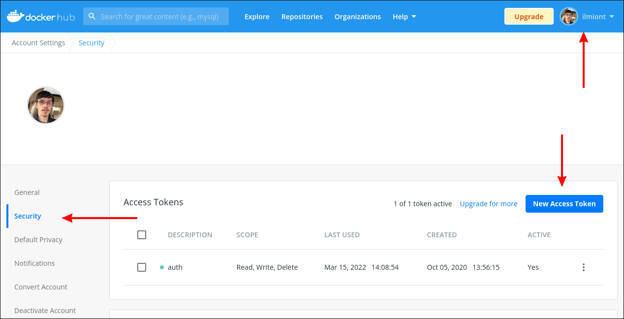 Screenshot of creating a Docker Hub access token
