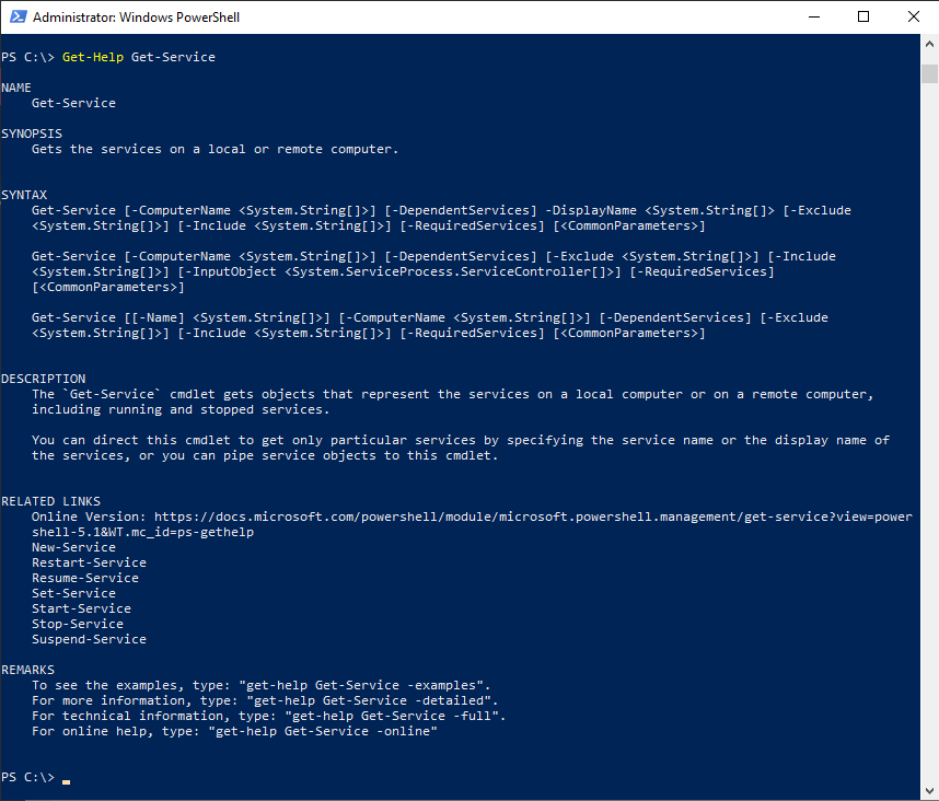 PowerShell output for Get-Help Get-Service