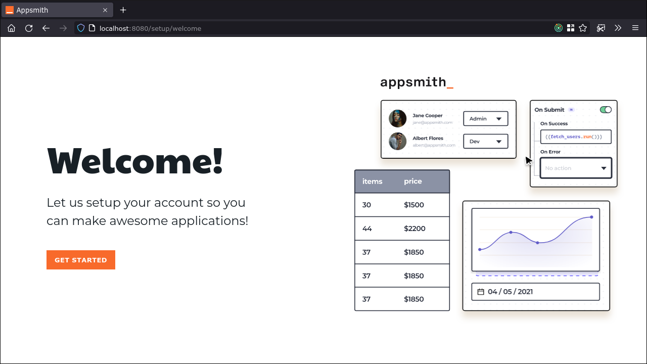 Screenshot of the Appsmith landing page after a fresh installation