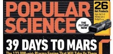 Popular Science magazine heading, showing 39 days to mars.