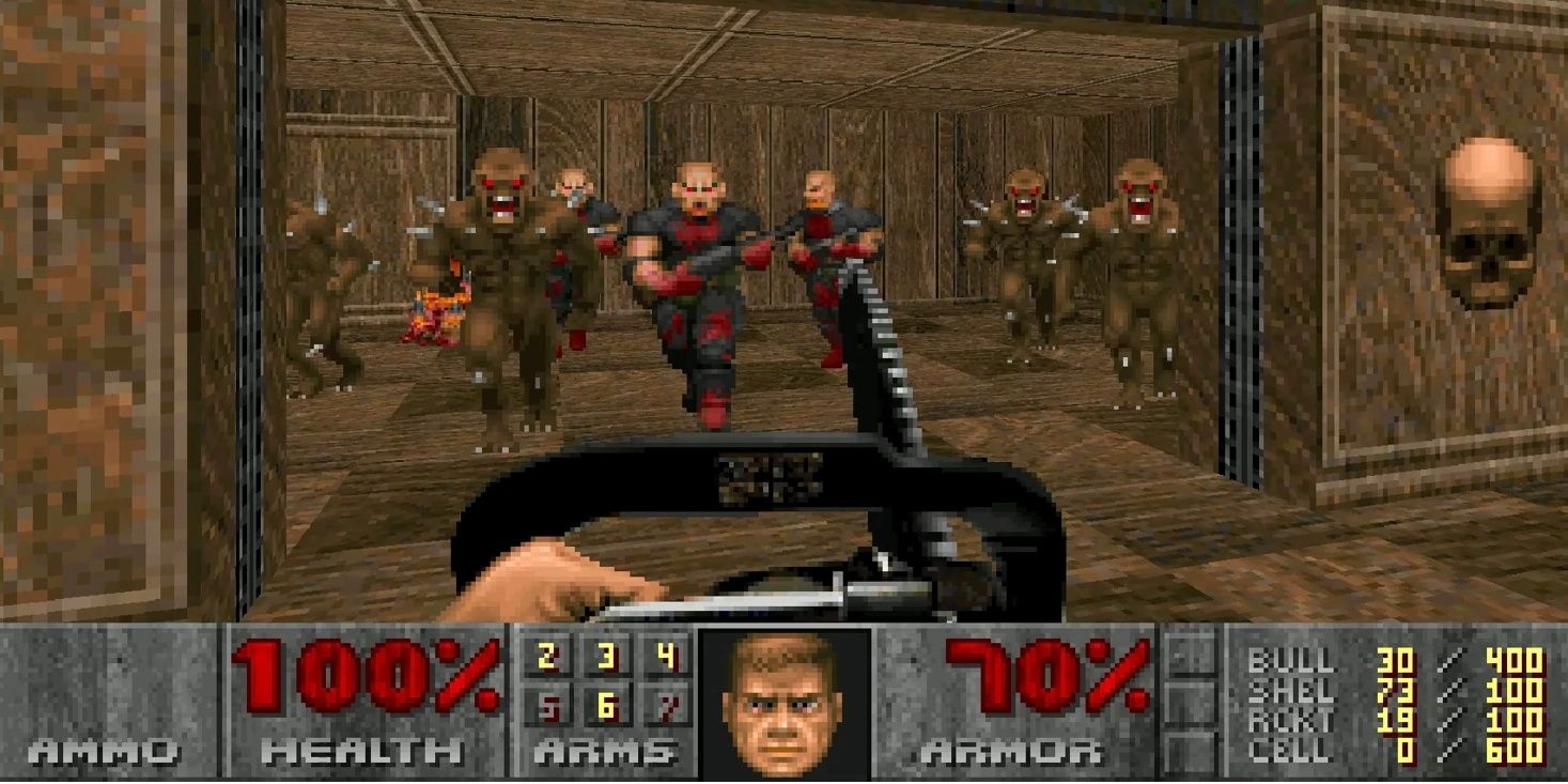 DOOM 1993 where the player faces off against demons and possessed marines with a chainsaw.