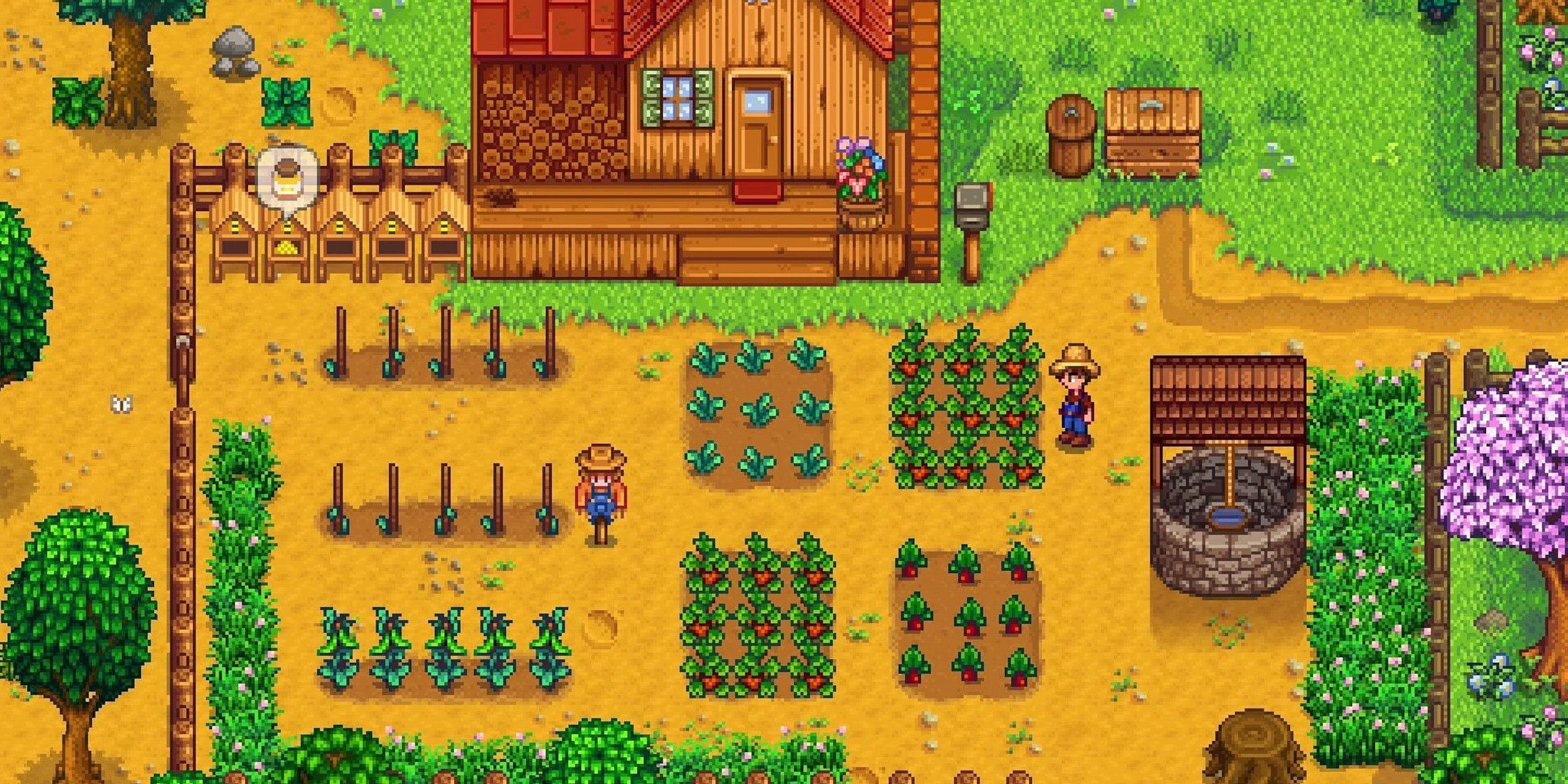 A player and their farm in Stardew Valley.