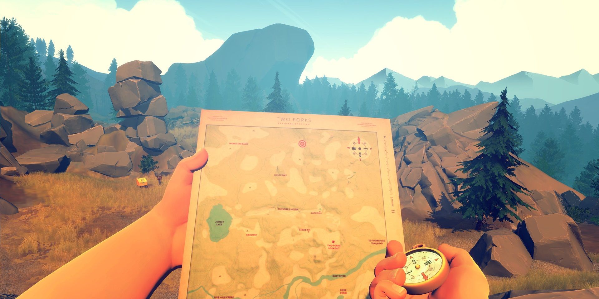 A map and compass in Firewatch.