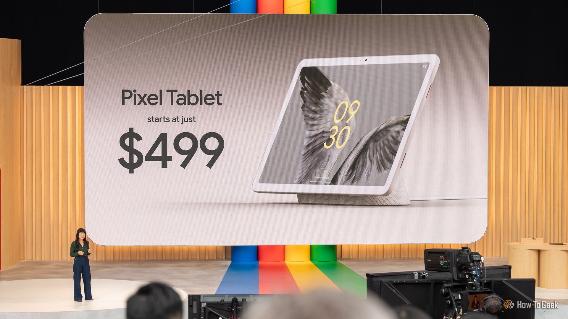 Rose Yao on stage at Google IO 2023 discussing the Pixel Tablet's pricing