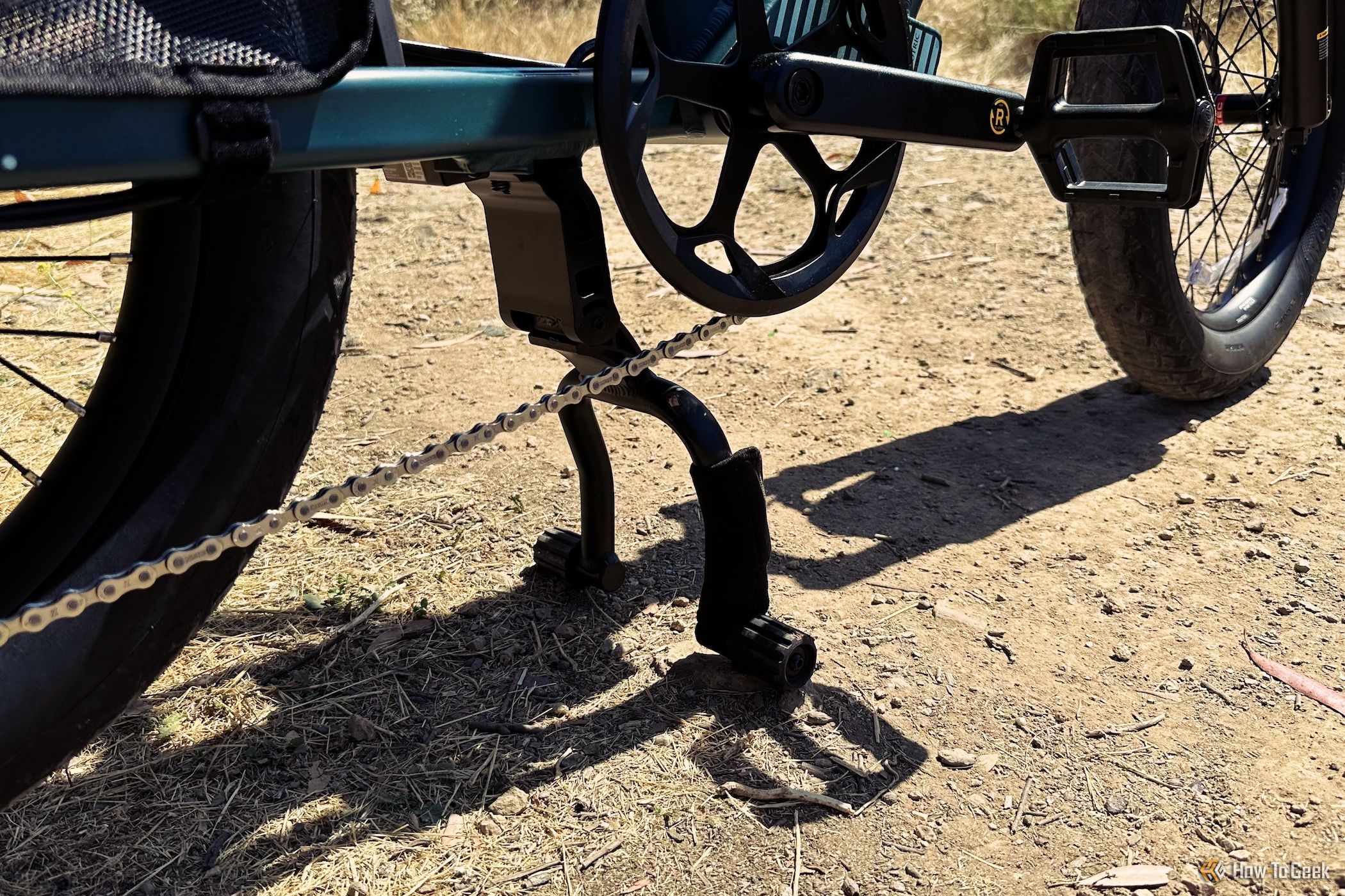 Showing a close up of the dual-sided kick stand