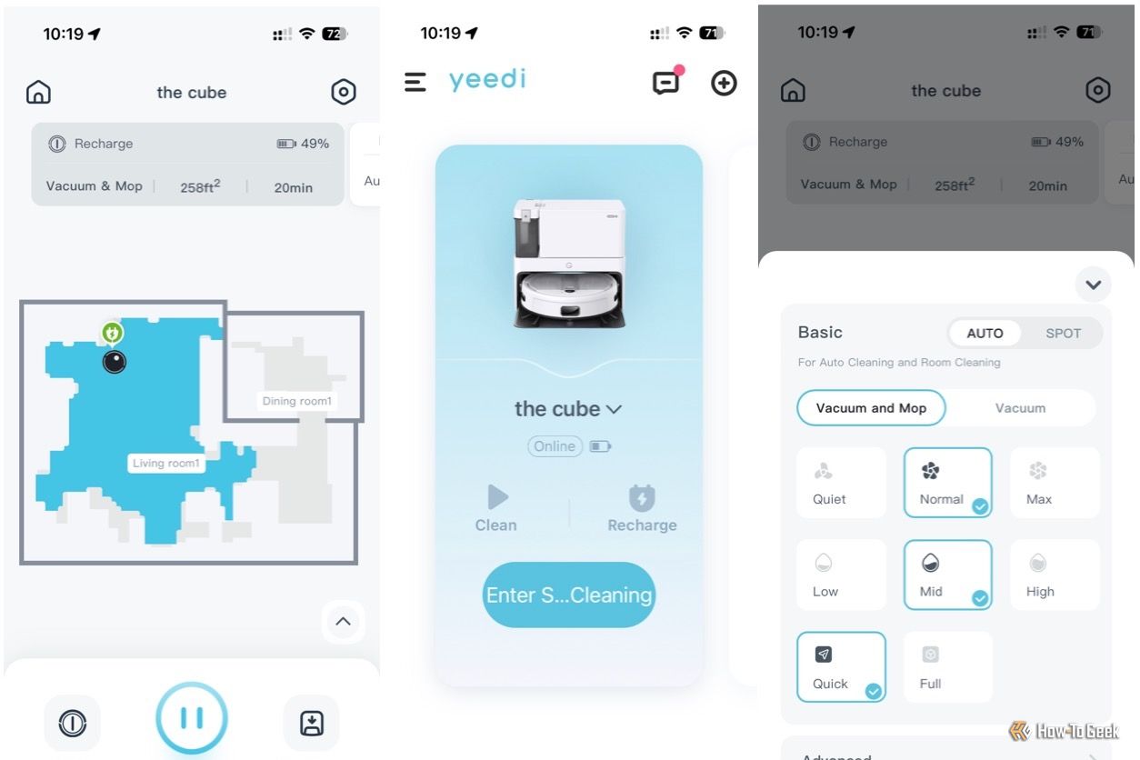 Three screenshots showing the Yeedi Cube app for iOS