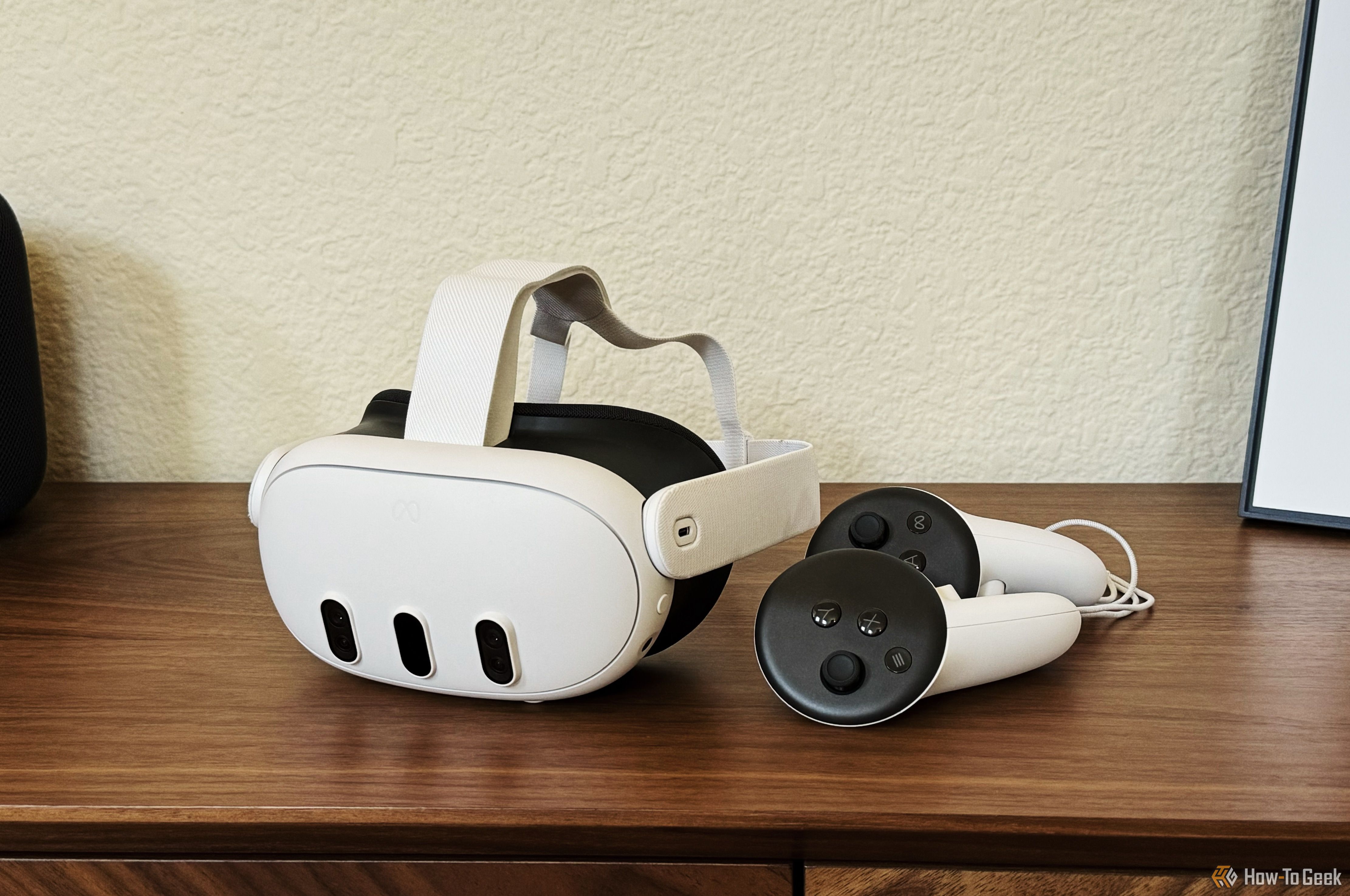 Quest 3 headset and controllers sitting on a table