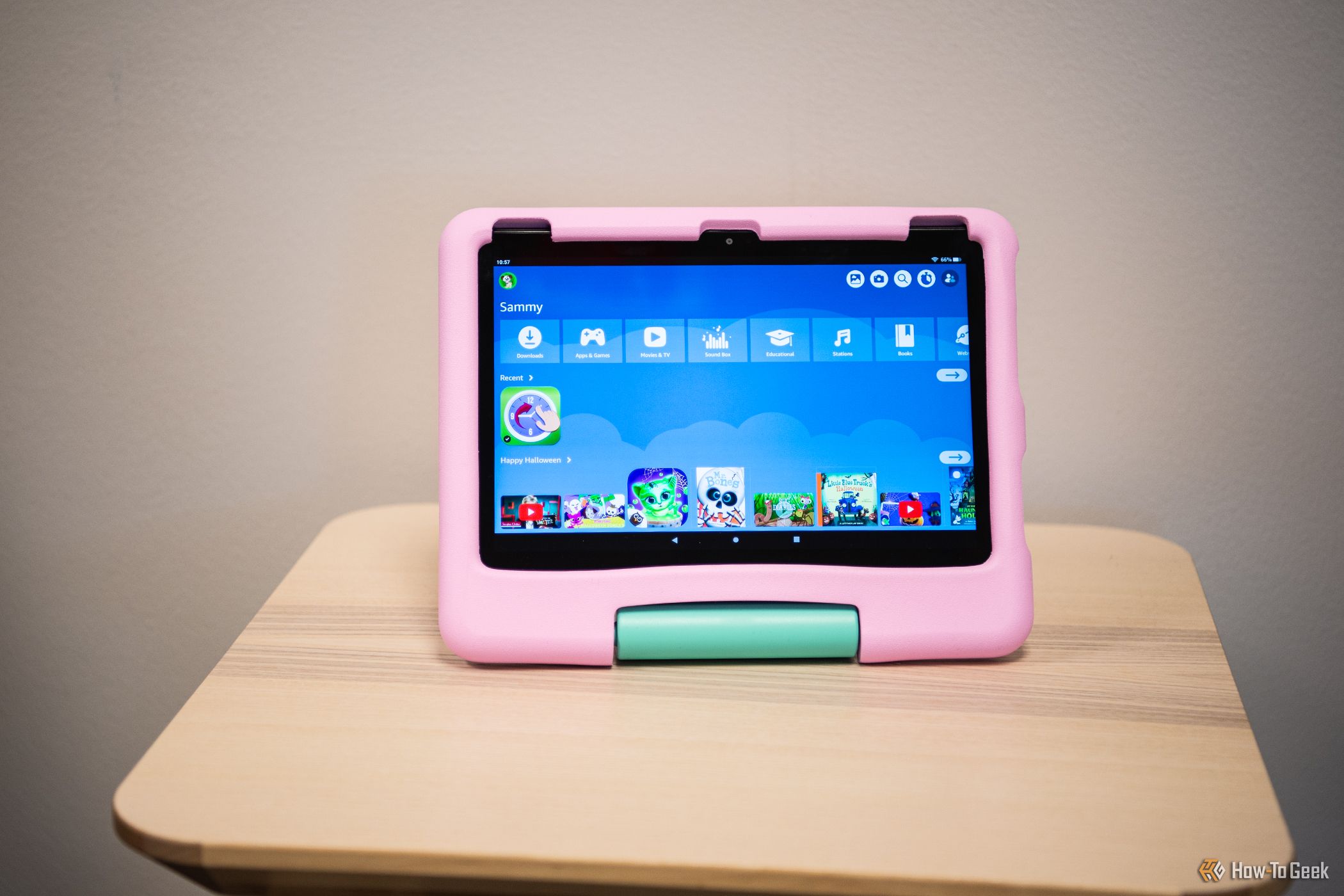 amazon fire hd 10 kids tablet home screen on a table