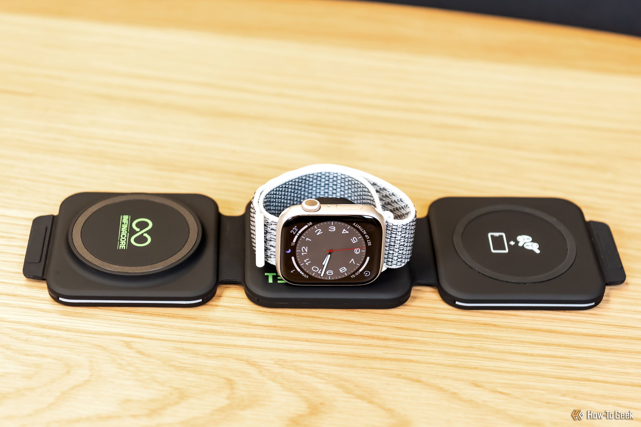 Charging an Apple Watch on the Infinacore T3 3-in-1 Wireless Charging Station